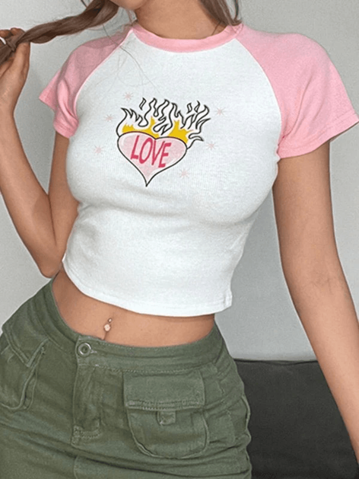 Flaming Heart Graphic Raglan Short Sleeve Ribbed Crop Top