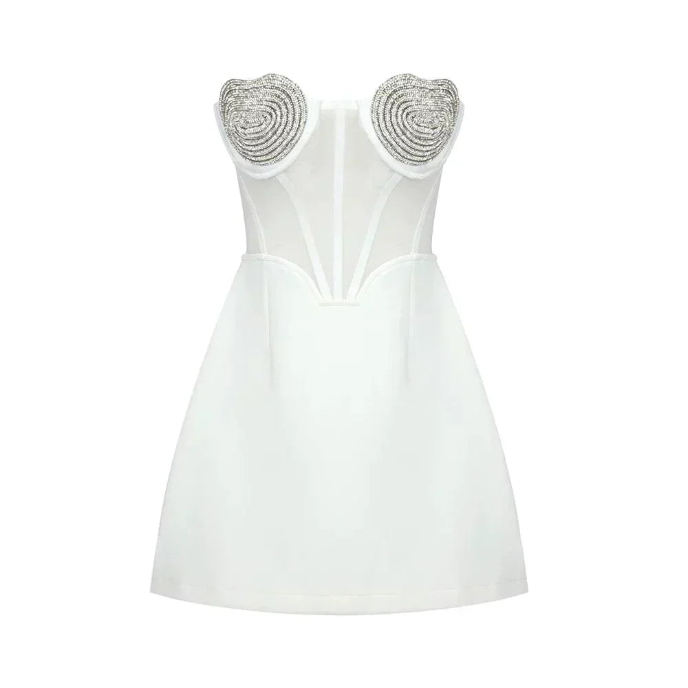 Strapless Rhinestone Heart Cup Sheer Mesh Corset Bustier Flared Mini Dress 11