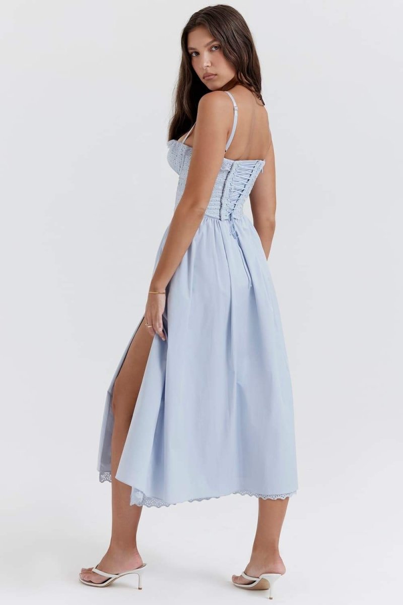 Lace Spaghetti Strap Corset High Split A-Line Midi Dress