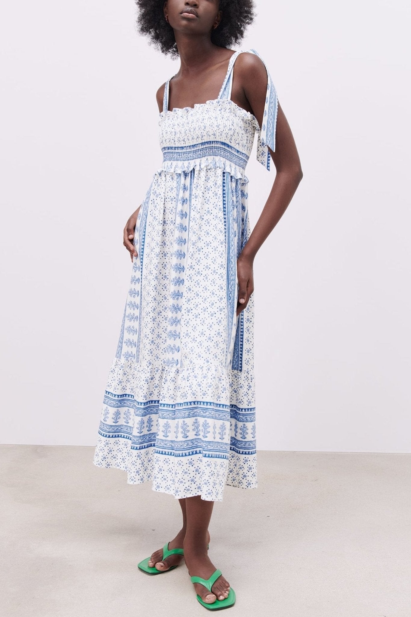 Effortless Leonor Printed Midi Dress with Gathered Straps Elevated Occasion Wear