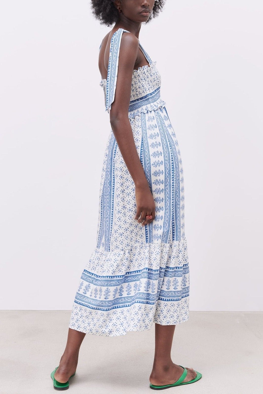 Chic Wanda Printed Midi Dress with Gathered Straps Everyday Luxe Edit