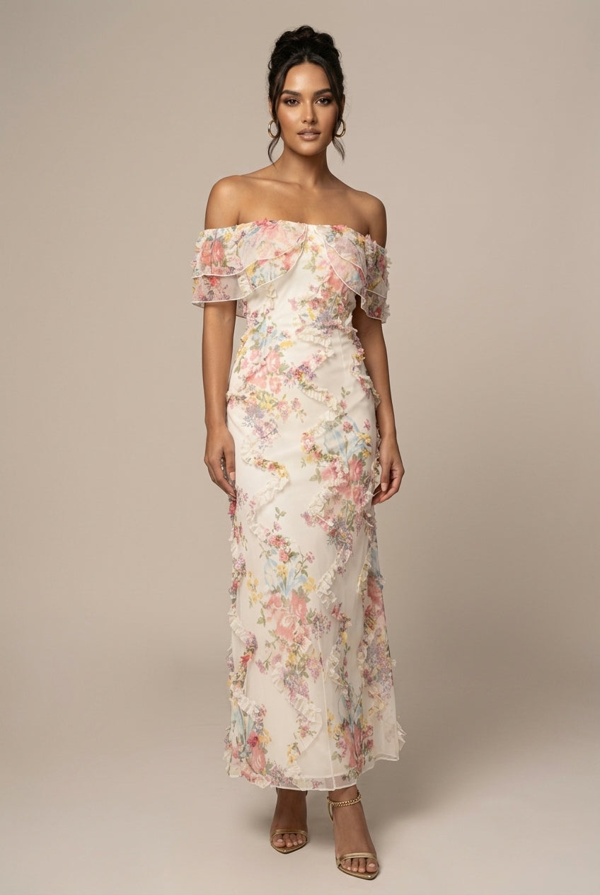 Floral Off Shoulder Ruffle Maxi Dress Wedding Guest