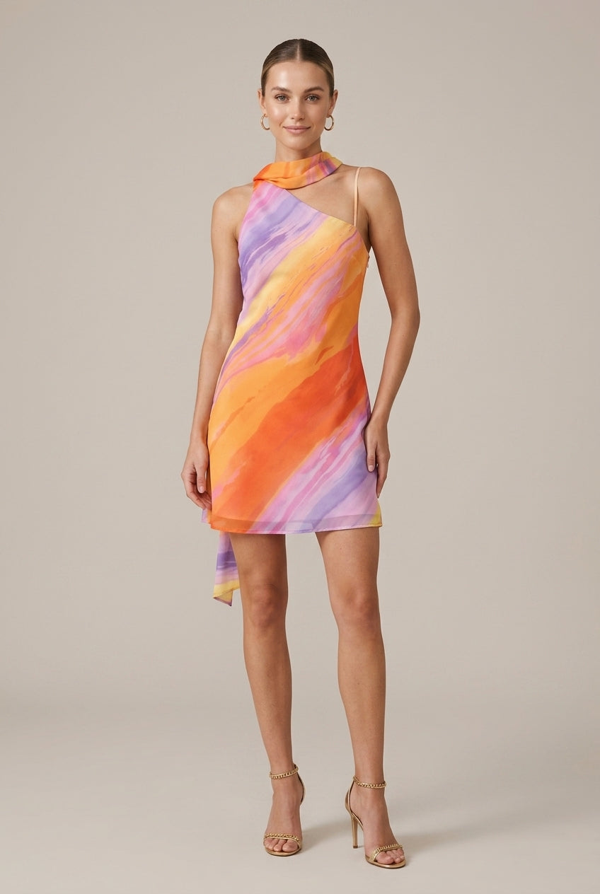 Tie Dye One Shoulder Tie Neck Mini Dress