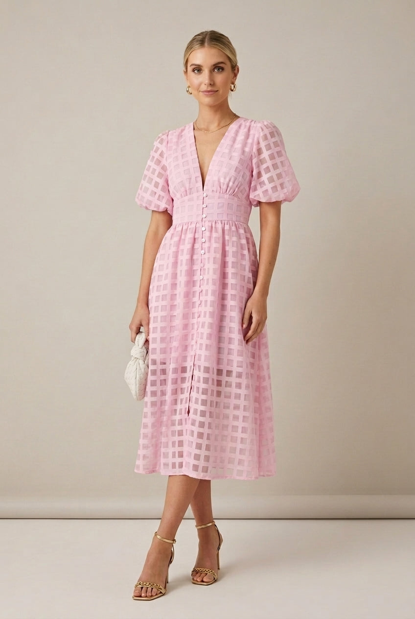 Check V-Neck Puff Sleeve Button Front Midi Dress