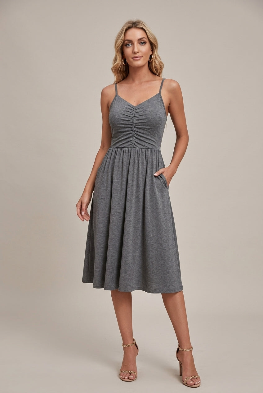 V-Neck Spaghetti Strap Ruched Fit and Flare Midi Dress