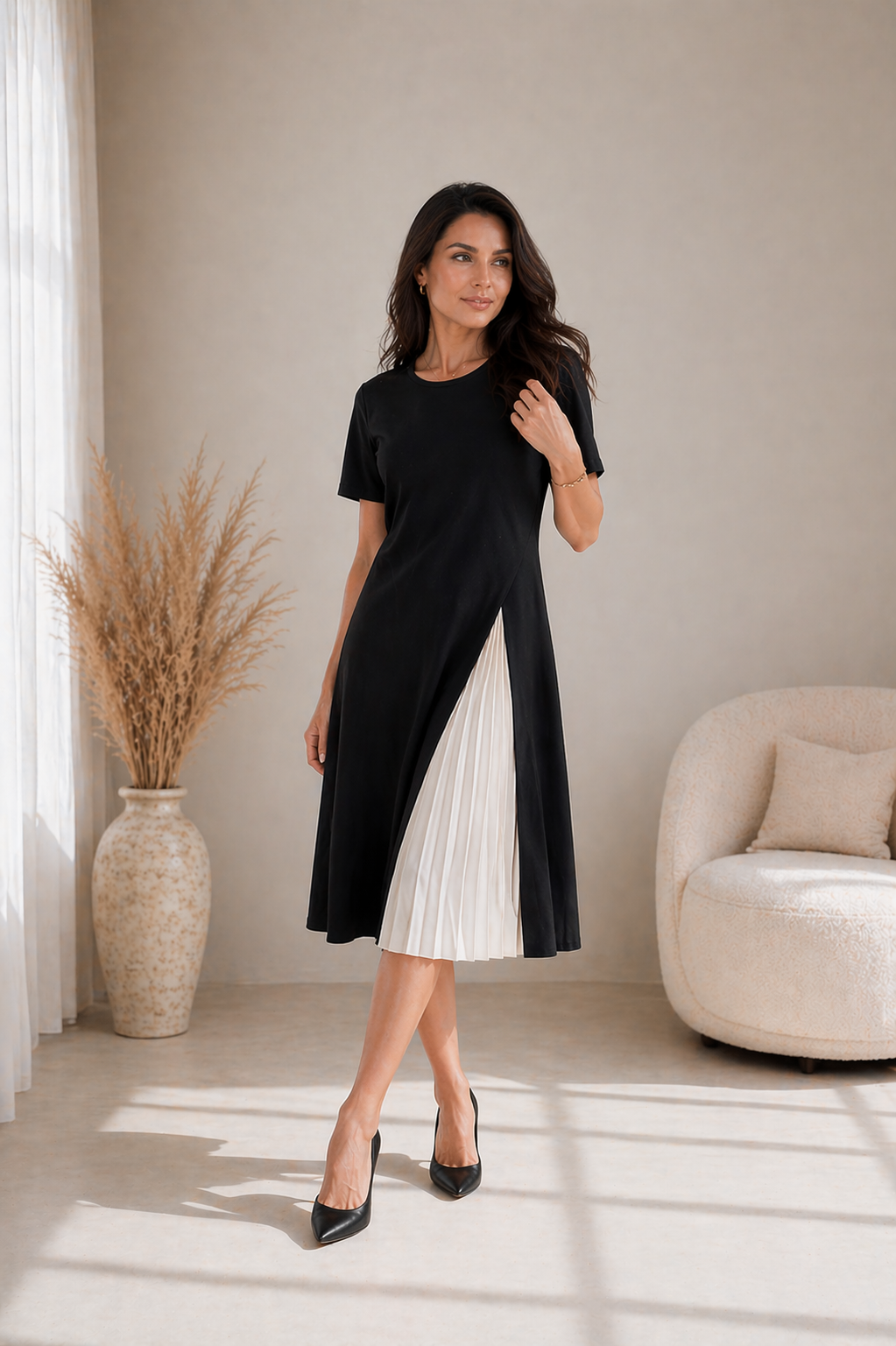 Crew Neck Short Sleeve Pleated Panel High Split Midi Dress