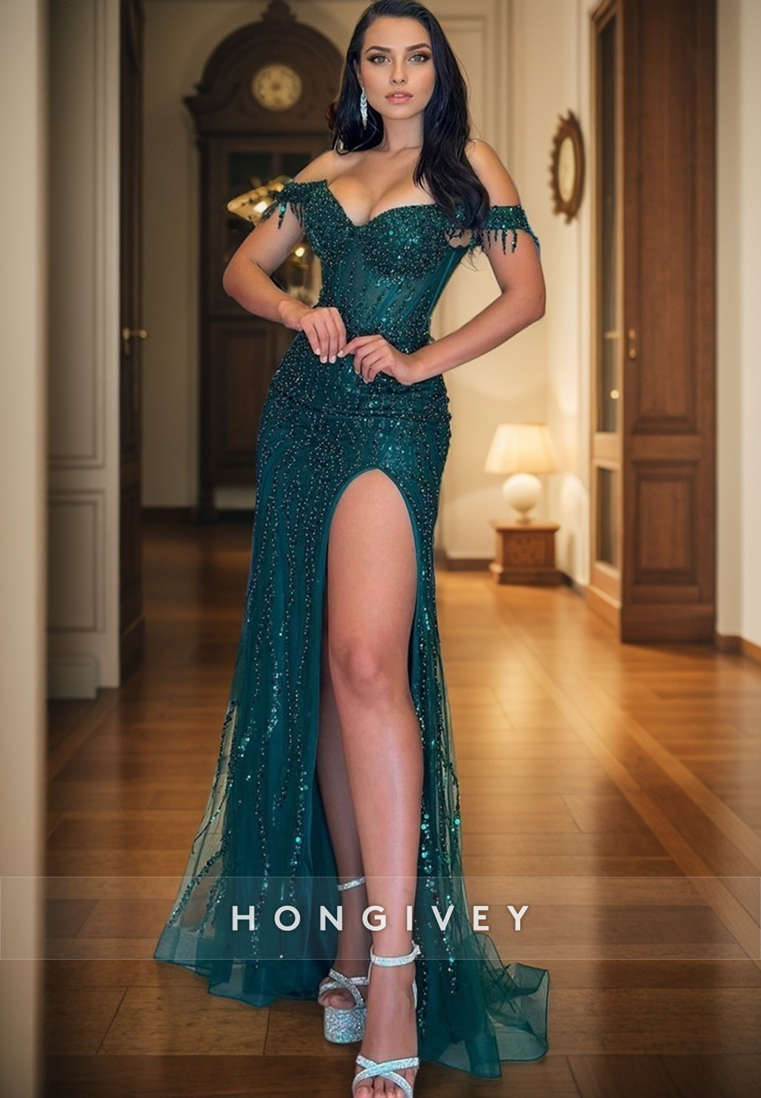 L2957 - Chic Trumpet Off-Shoulder Beaded With Side Slit Prom Dress