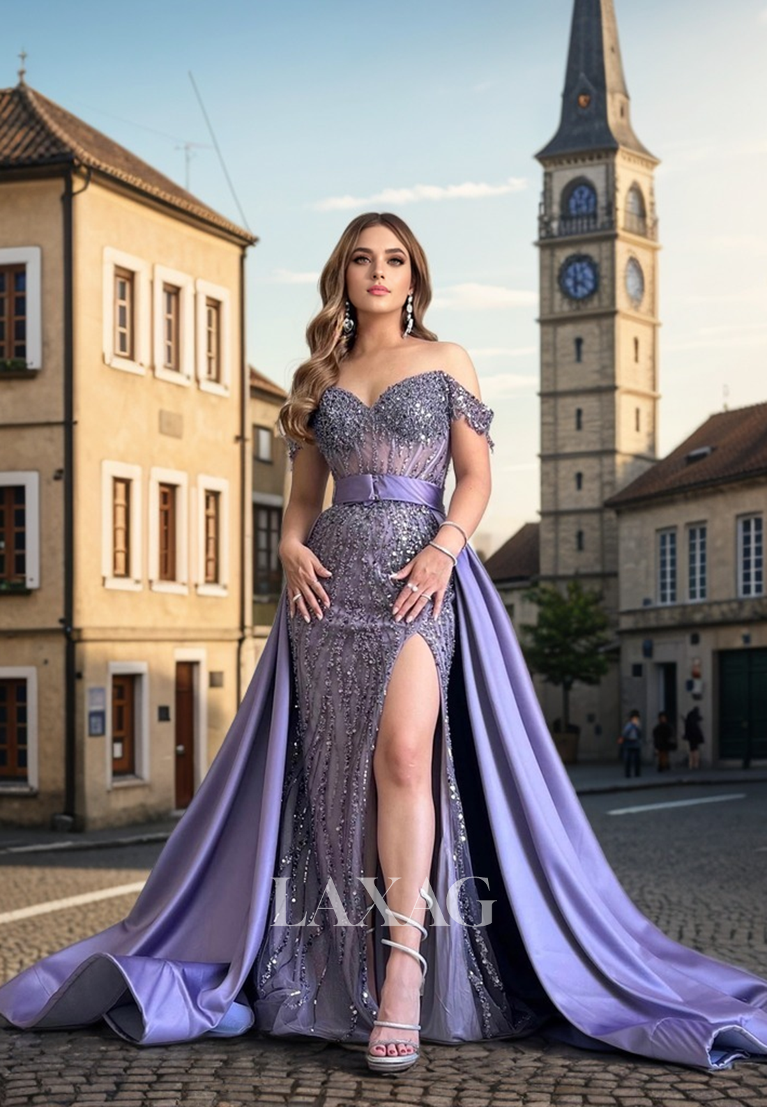 22094 - Off Shoulder Beaded illusion Detachable High Split Prom Dress