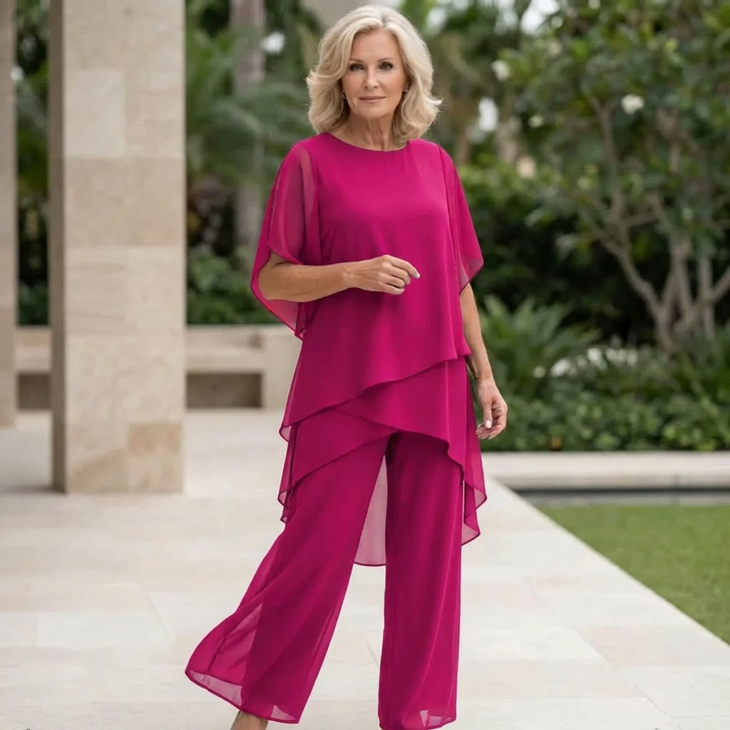 Chiffon Layered Overlay Top and Wide Leg Pants Two Piece Set