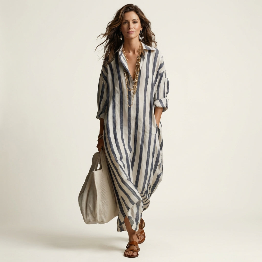 Striped Collared Long Sleeve Oversized Maxi Shirt Dress