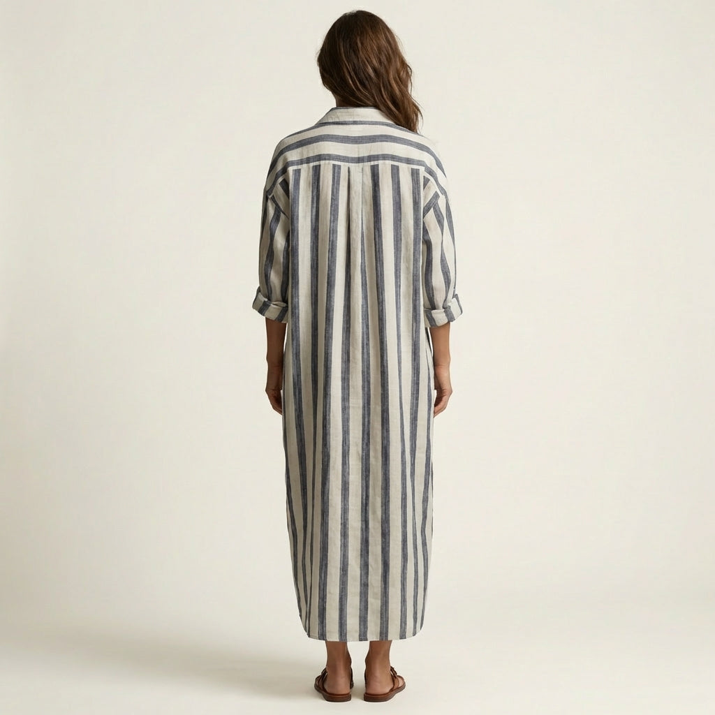 Striped Collared Long Sleeve Oversized Maxi Shirt Dress
