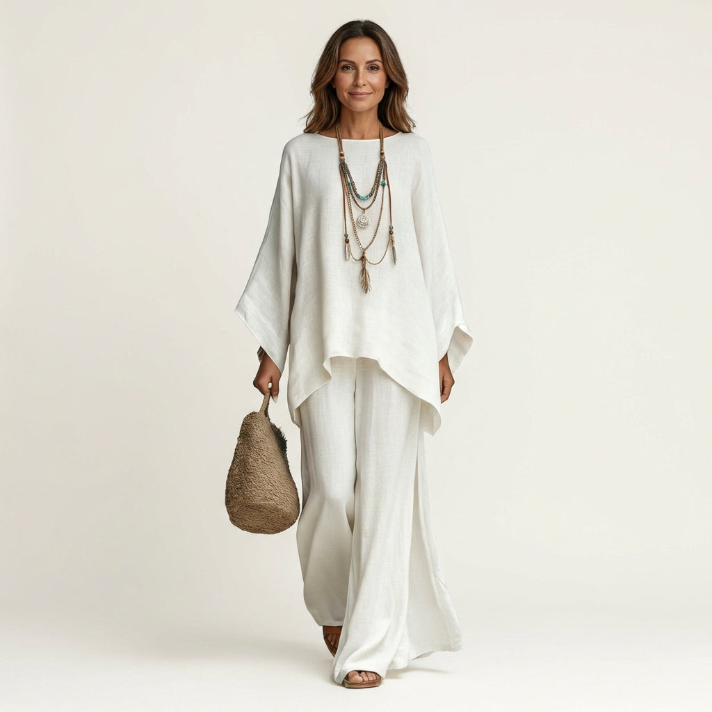 Linen Look Asymmetric Hem Top and Wide Leg Pants Two Piece Set