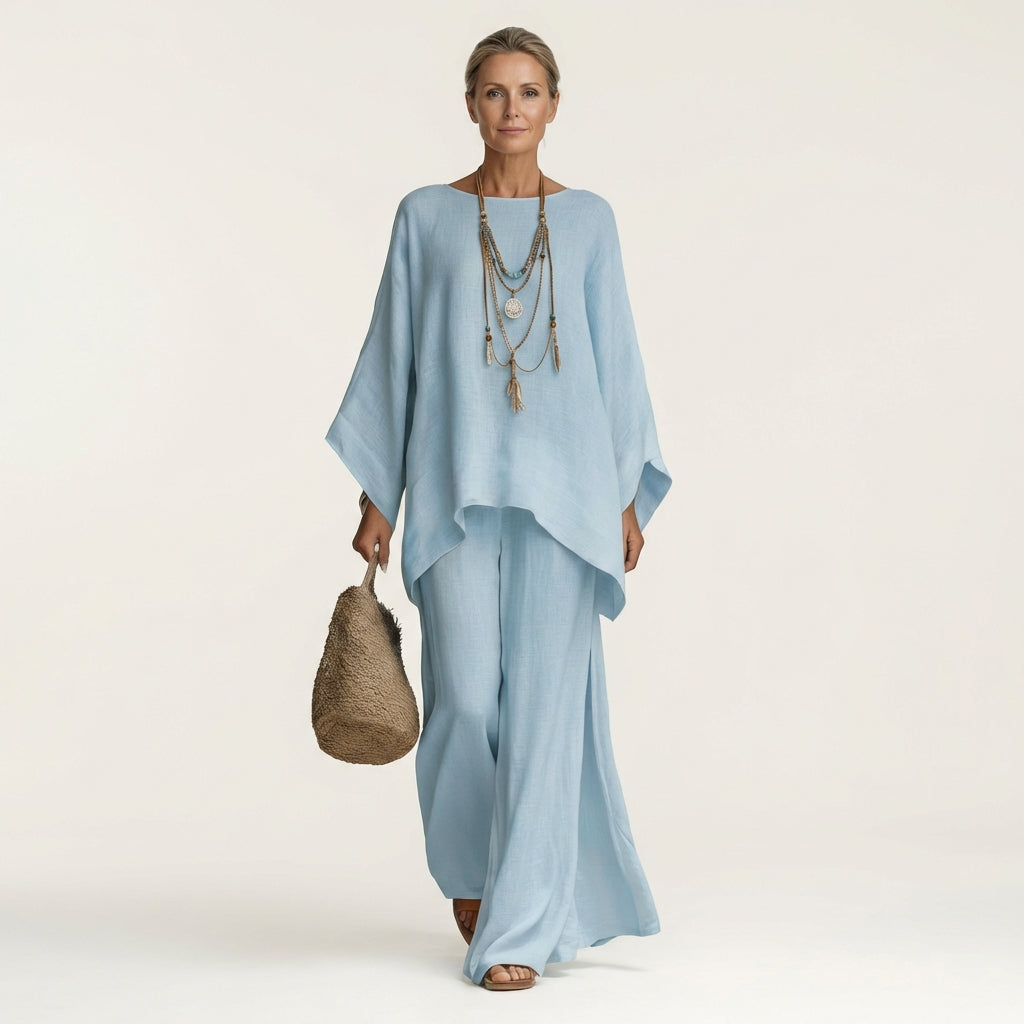 Linen Look Asymmetric Hem Top and Wide Leg Pants Two Piece Set