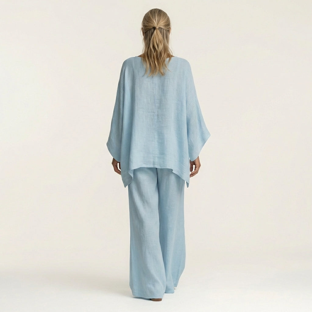 Linen Look Asymmetric Hem Top and Wide Leg Pants Two Piece Set