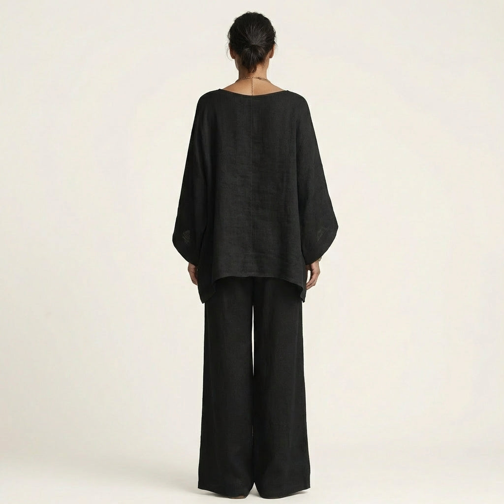 Linen Look Asymmetric Hem Top and Wide Leg Pants Two Piece Set