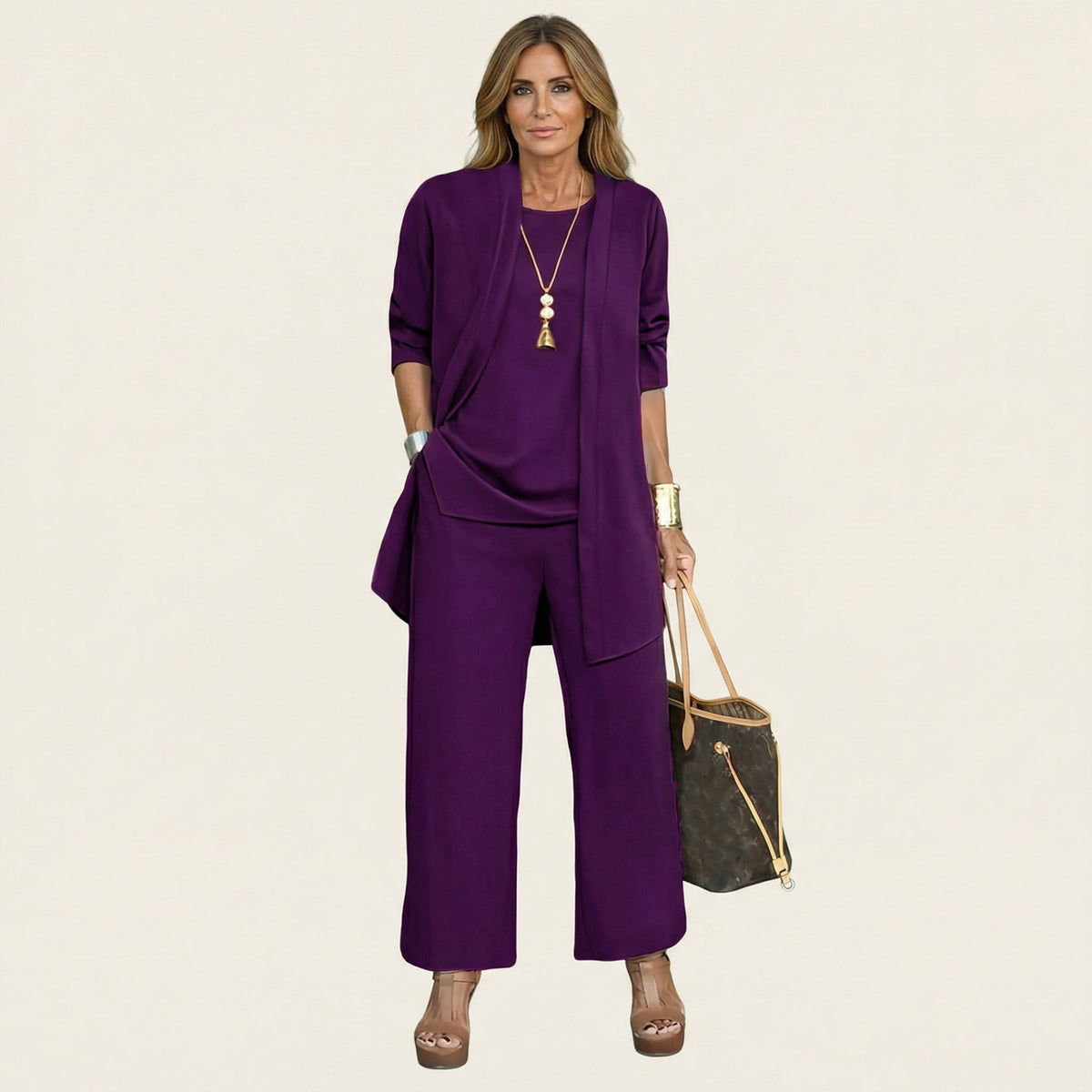 Open Front Cardigan Top and Wide Leg Pants Three Piece Set