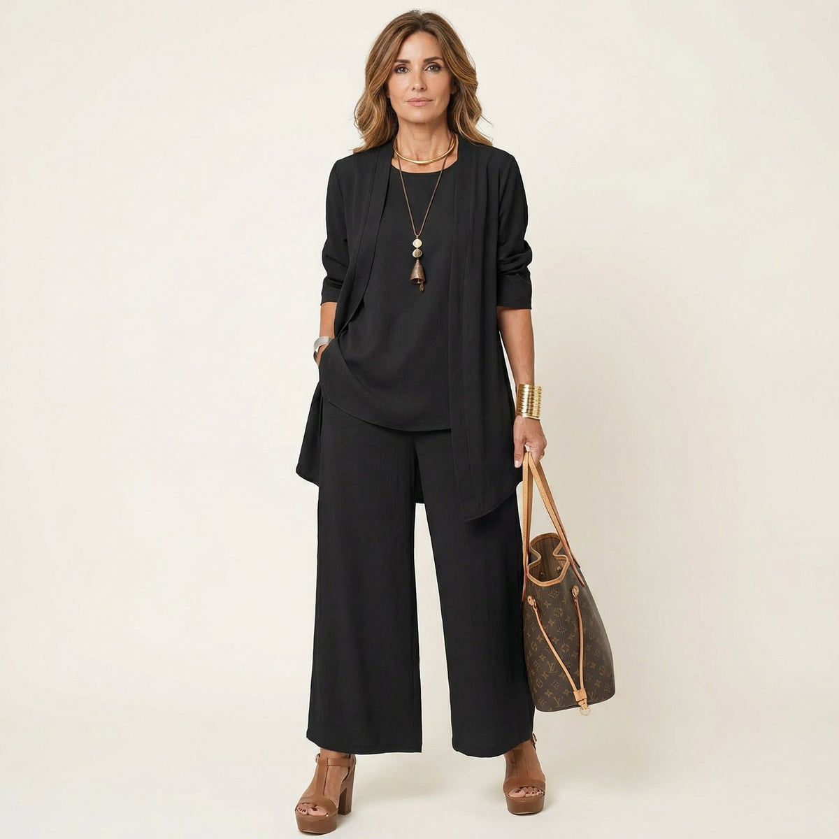 Open Front Cardigan Top and Wide Leg Pants Three Piece Set