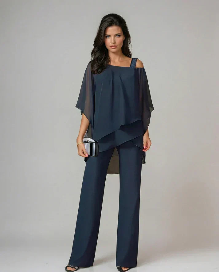 Cold Shoulder Cape Overlay Top and Wide Leg Pants Two Piece Set