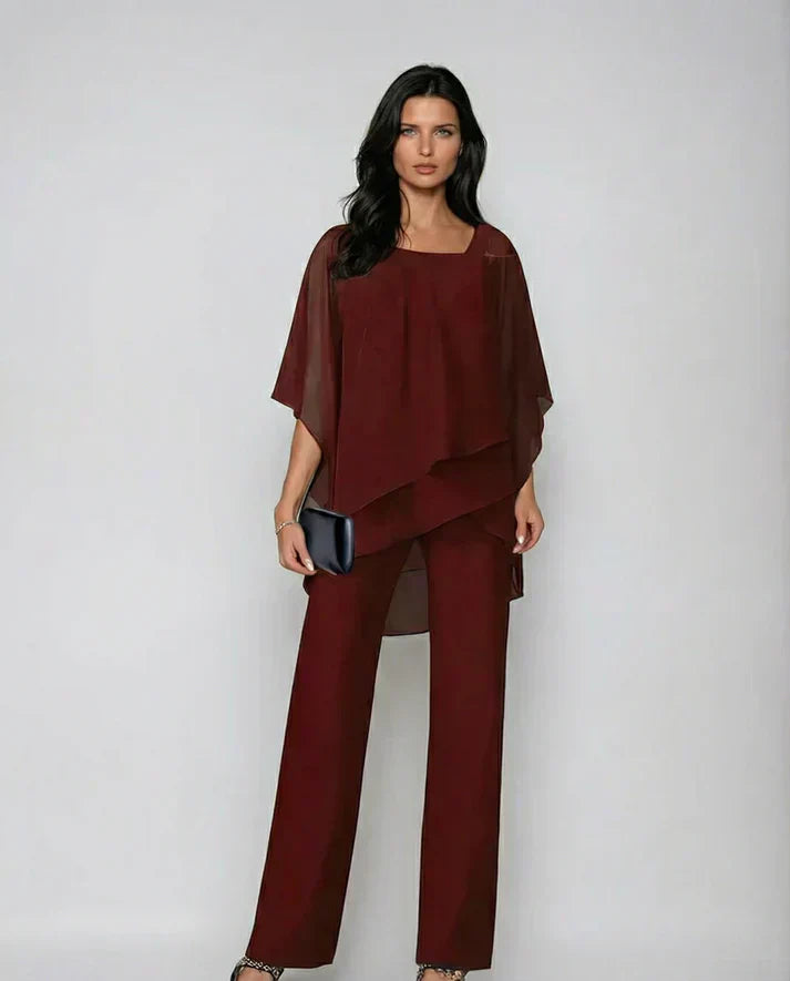 Cold Shoulder Cape Overlay Top and Wide Leg Pants Two Piece Set