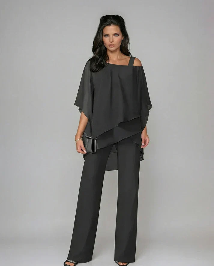 Cold Shoulder Cape Overlay Top and Wide Leg Pants Two Piece Set
