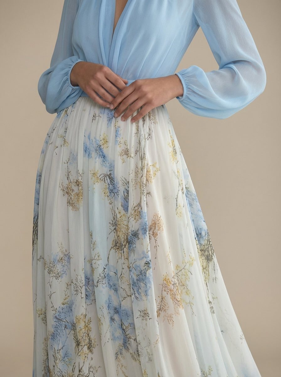 Deep V-Neck Long Sleeve Floral Skirt Maxi Gown