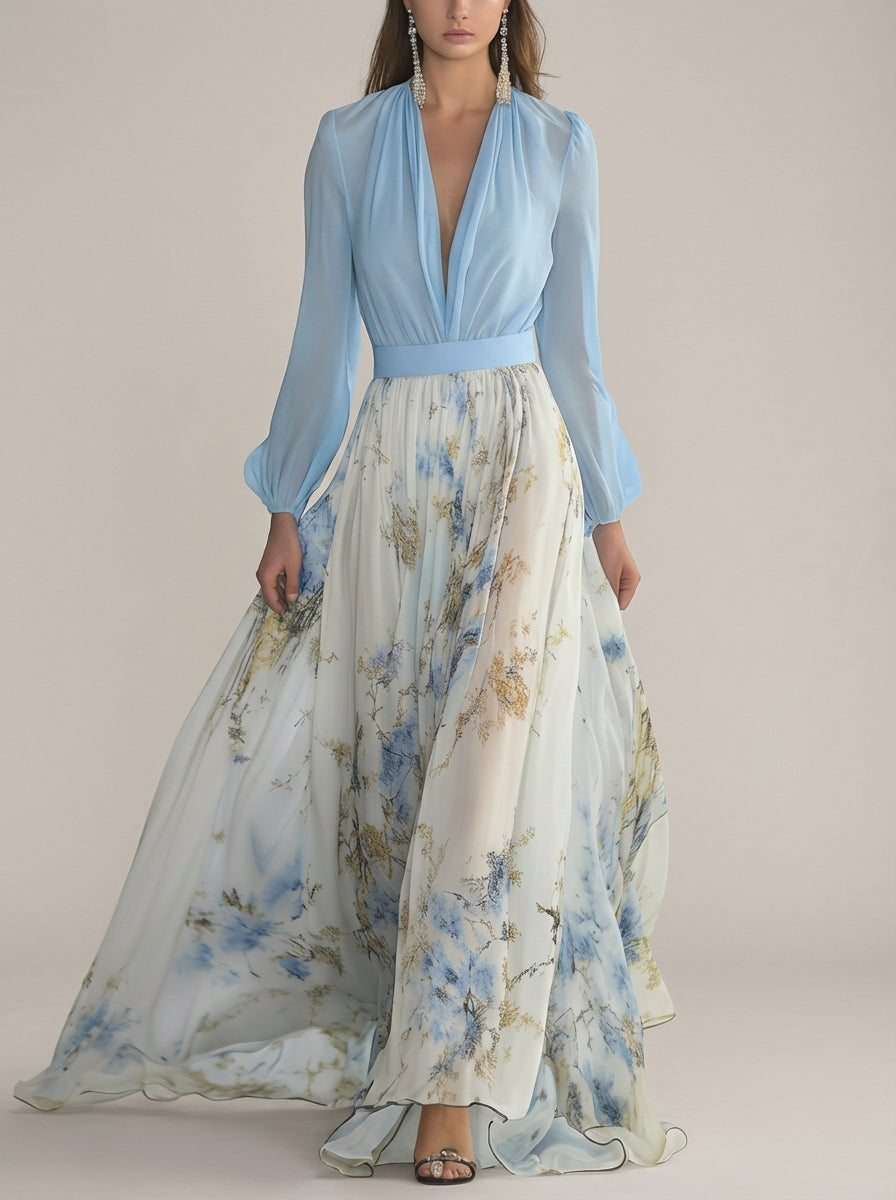Deep V-Neck Long Sleeve Floral Skirt Maxi Gown