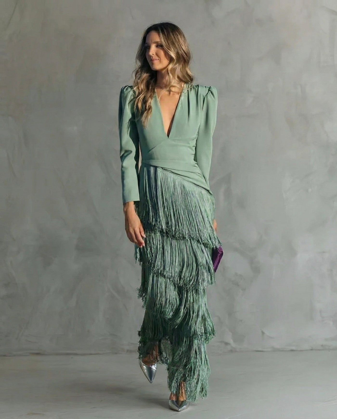 Deep V-Neck Long Sleeve Fringe Tiered Maxi Dress