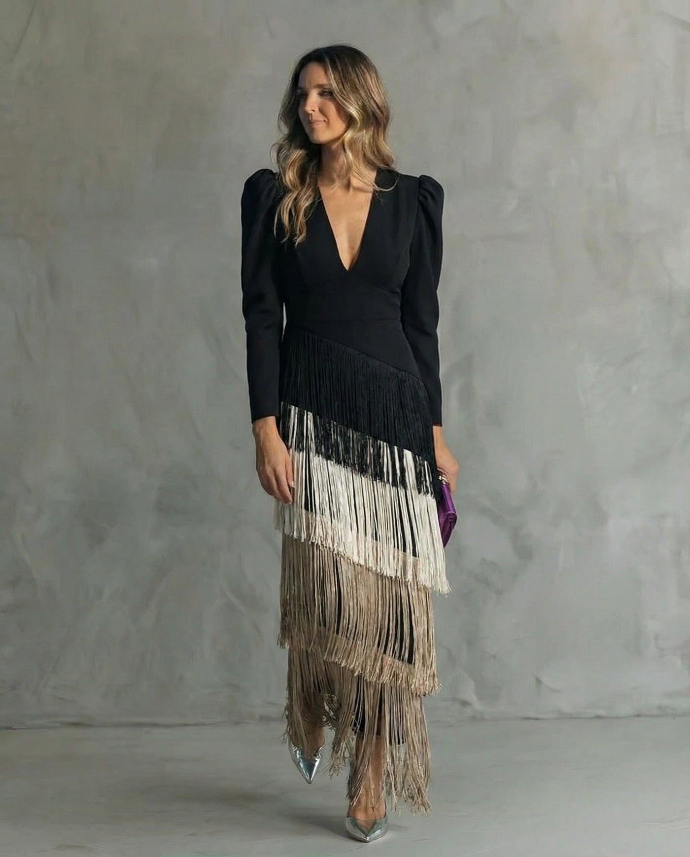 Deep V-Neck Long Sleeve Fringe Tiered Maxi Dress 4