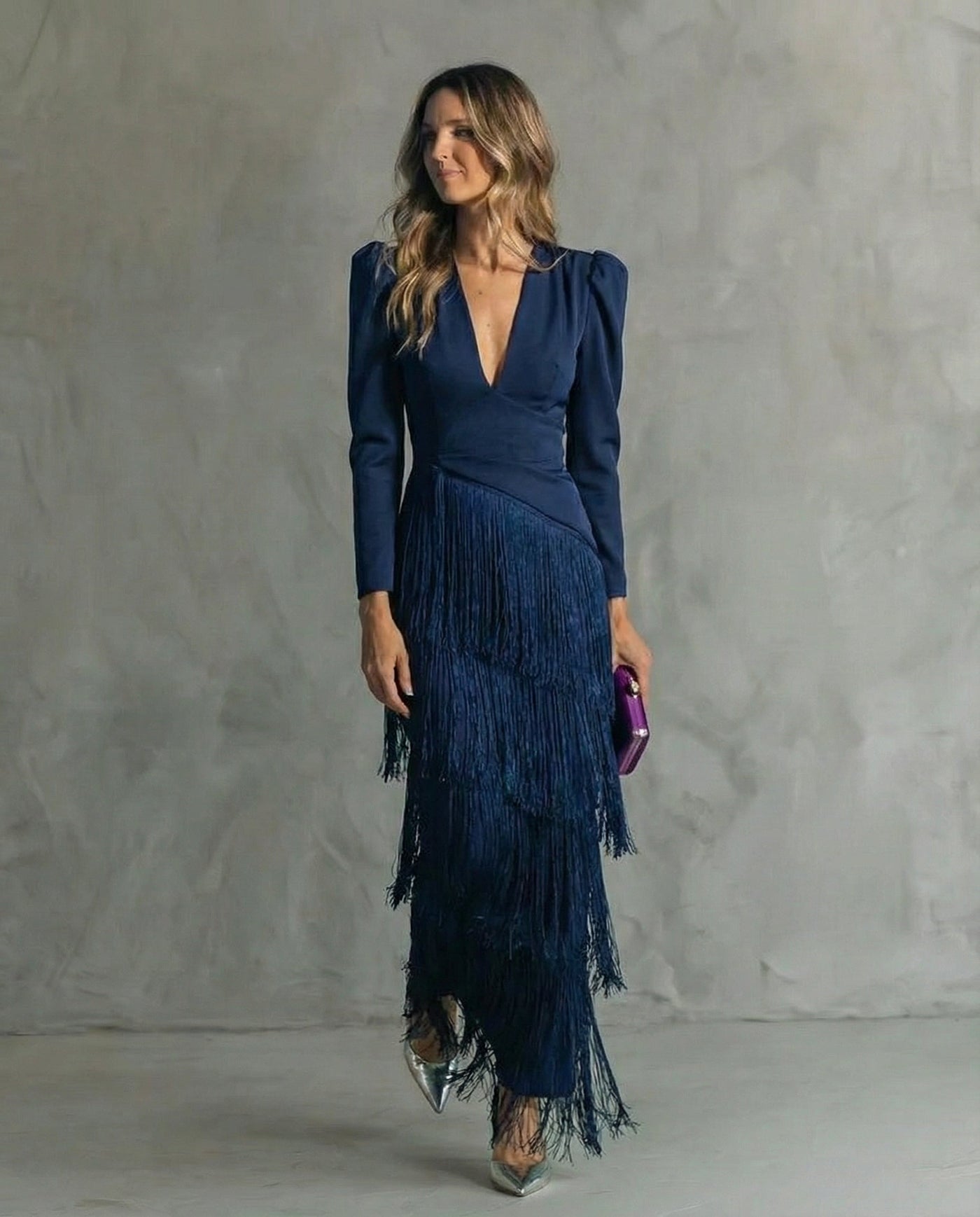 Deep V-Neck Long Sleeve Fringe Tiered Maxi Dress 2