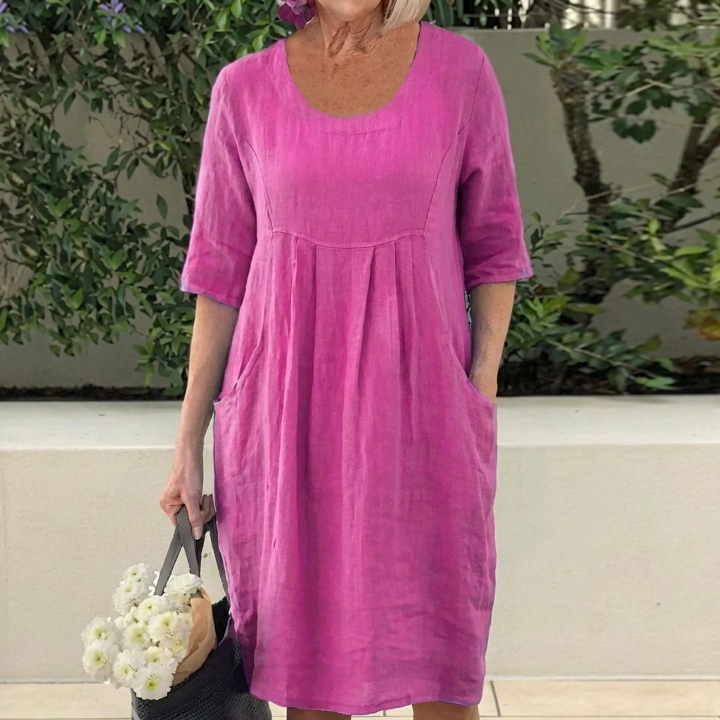 Round Neck Half Sleeve Pleated Pocket Midi Dress