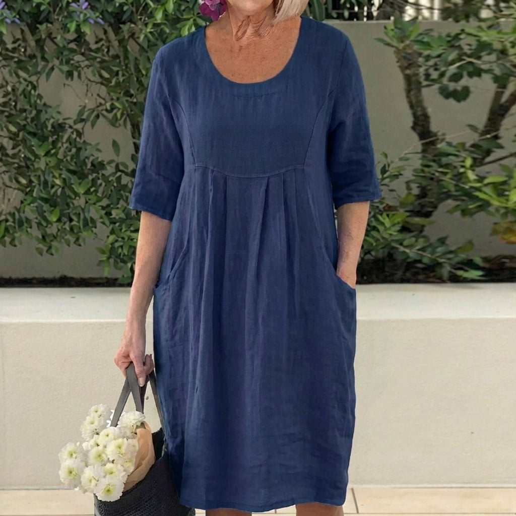 Round Neck Half Sleeve Pleated Pocket Midi Dress