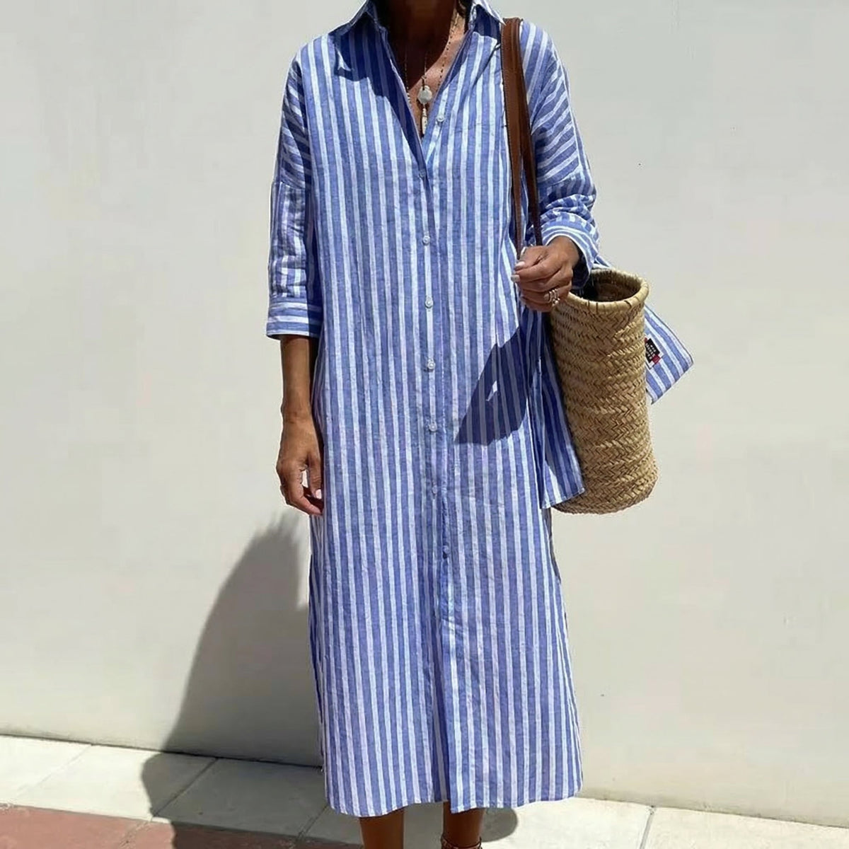 Striped Button Front Long Sleeve High Split Maxi Shirt Dress