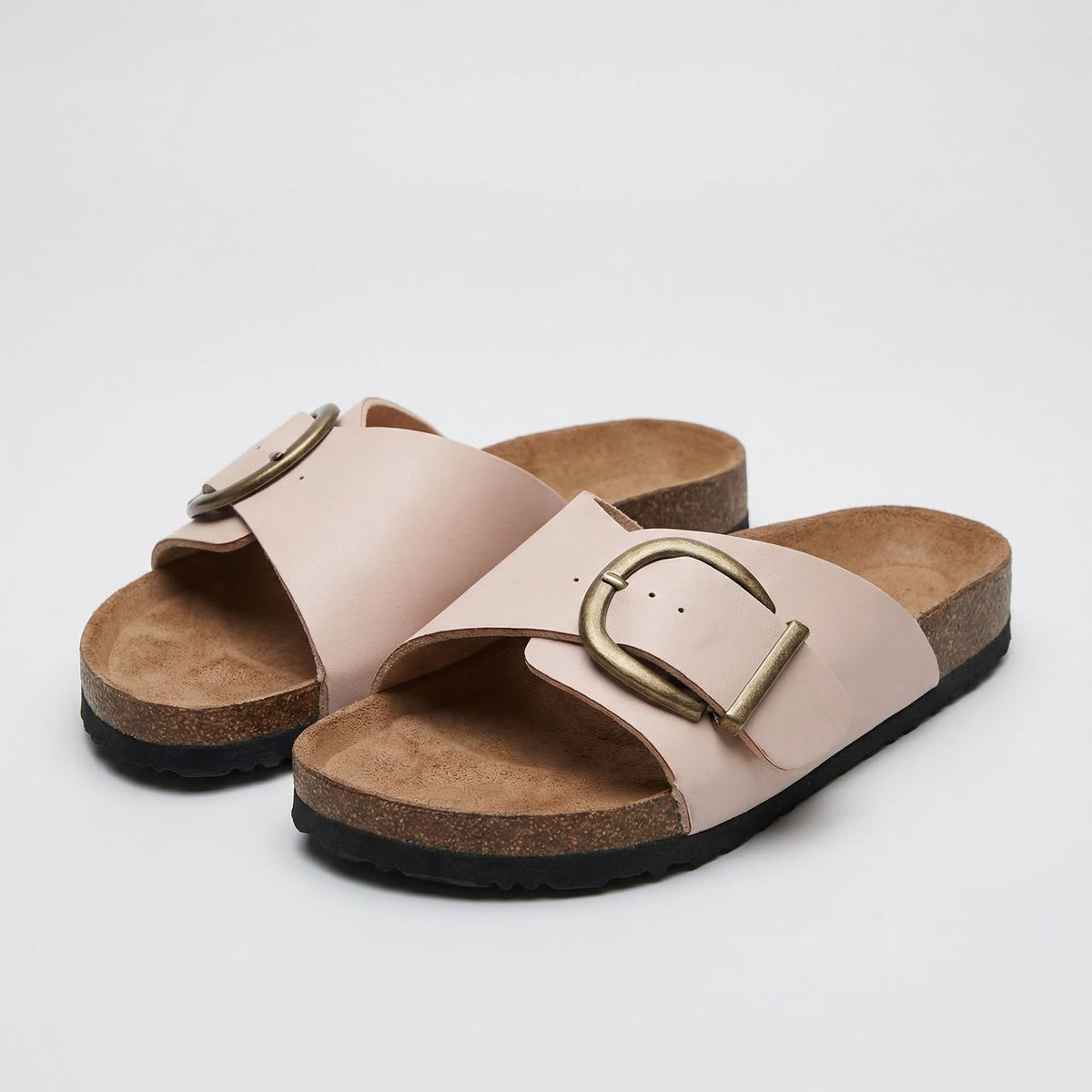 Double Buckle Cork Footbed Slide Sandals