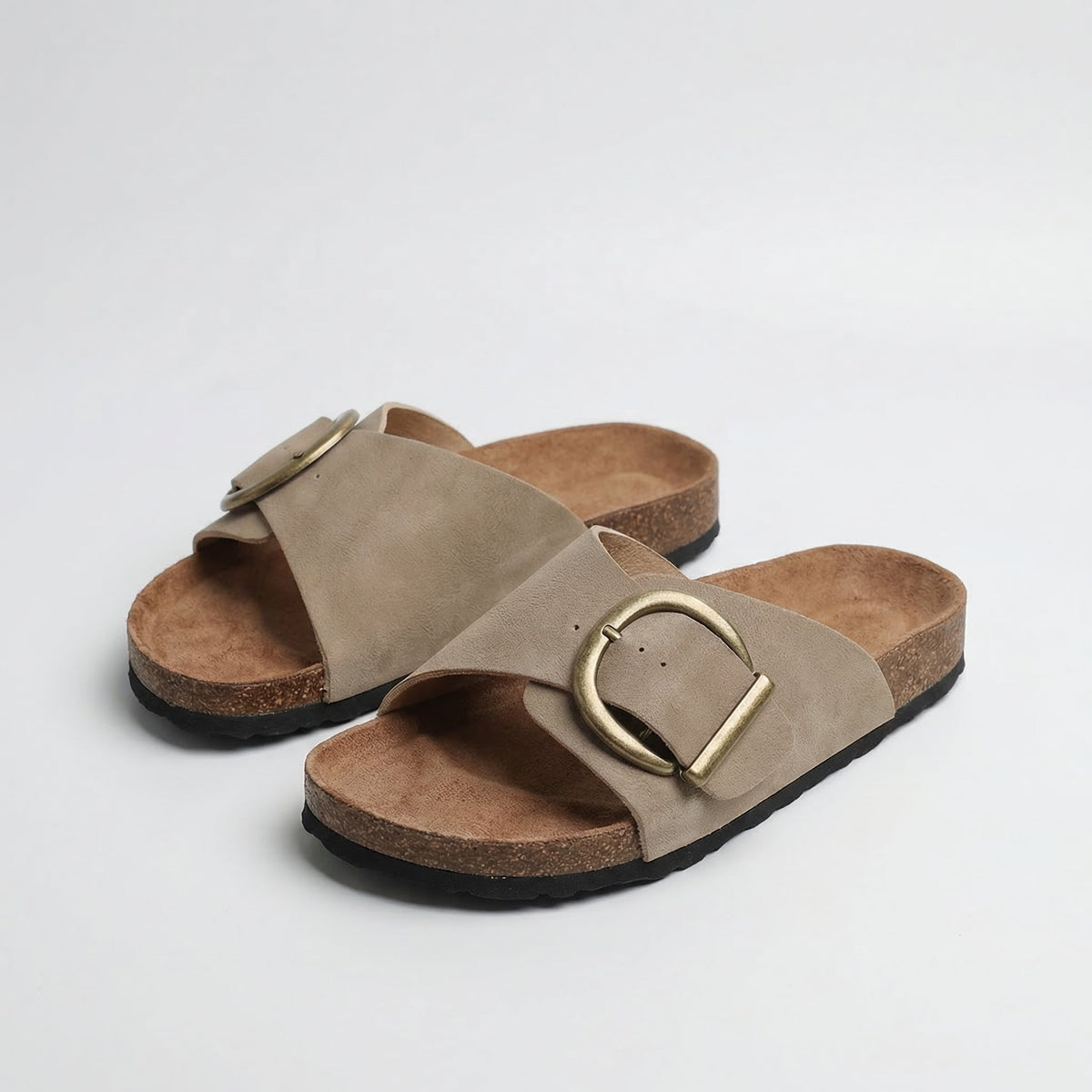 Double Buckle Cork Footbed Slide Sandals