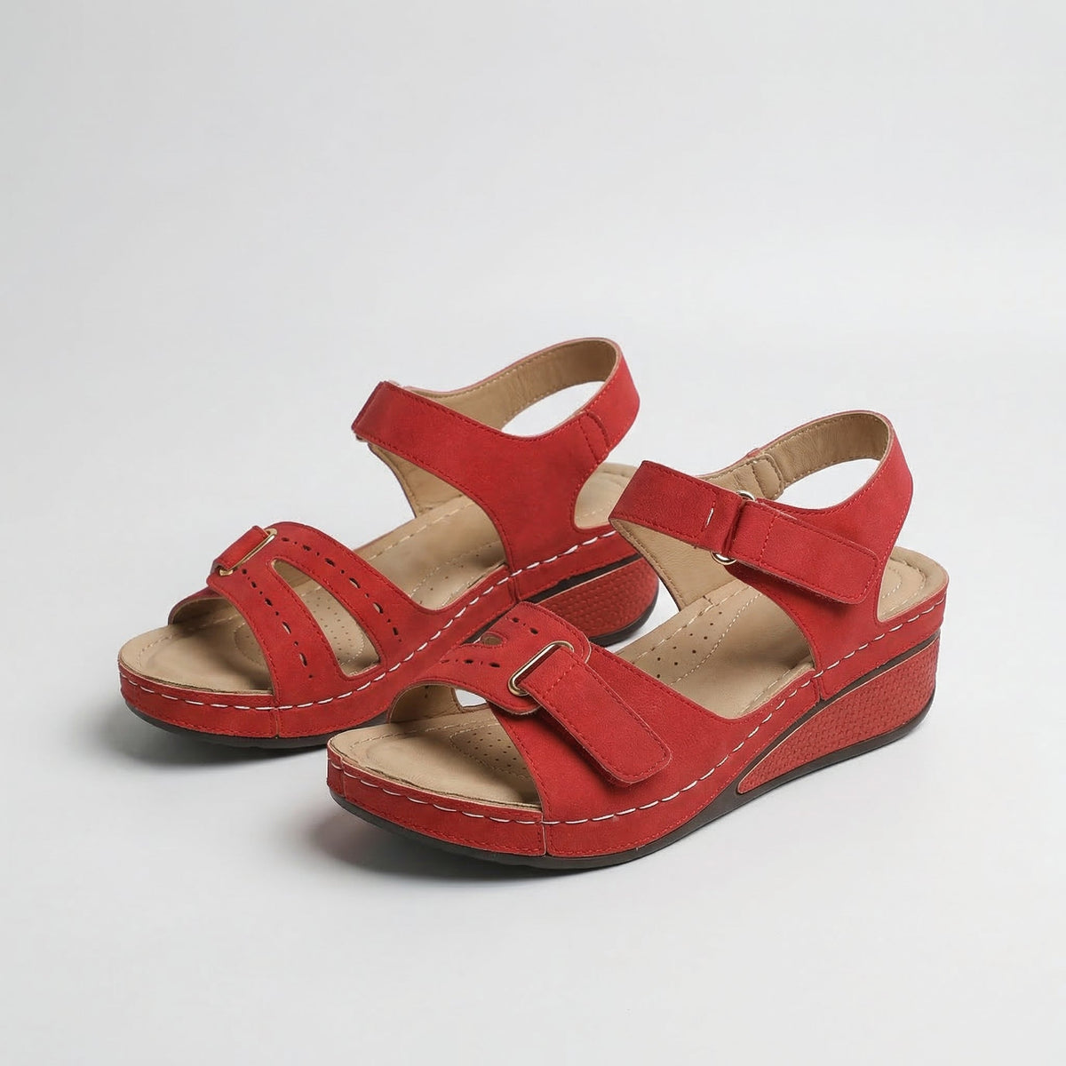 Open Toe Cut Out Hook and Loop Wedge Sandals