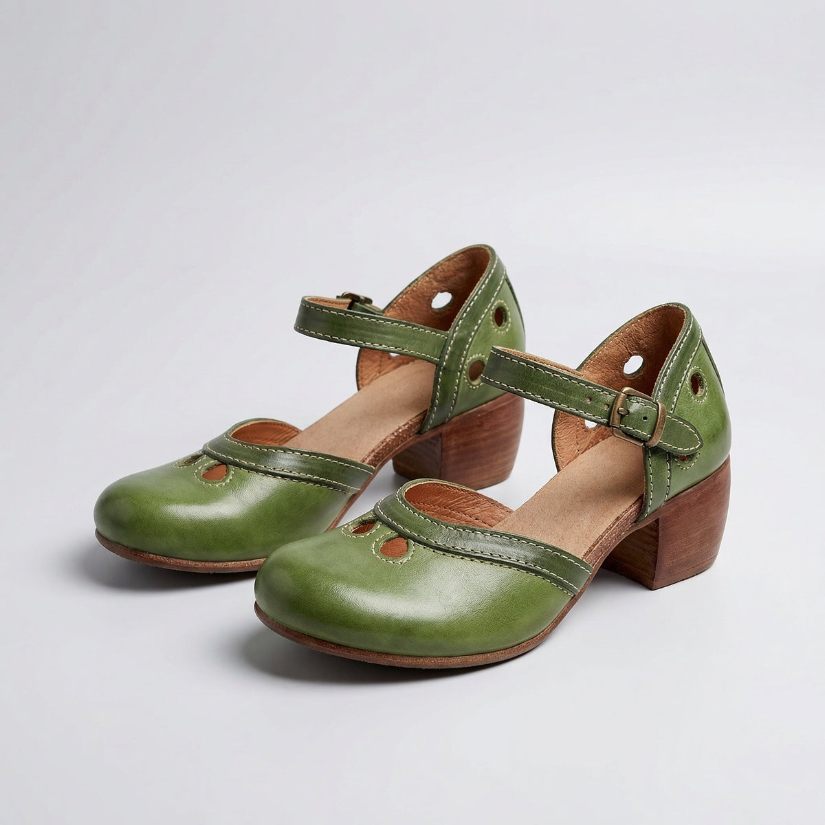 Round Toe Ankle Strap Block Heel Mary Jane Pumps