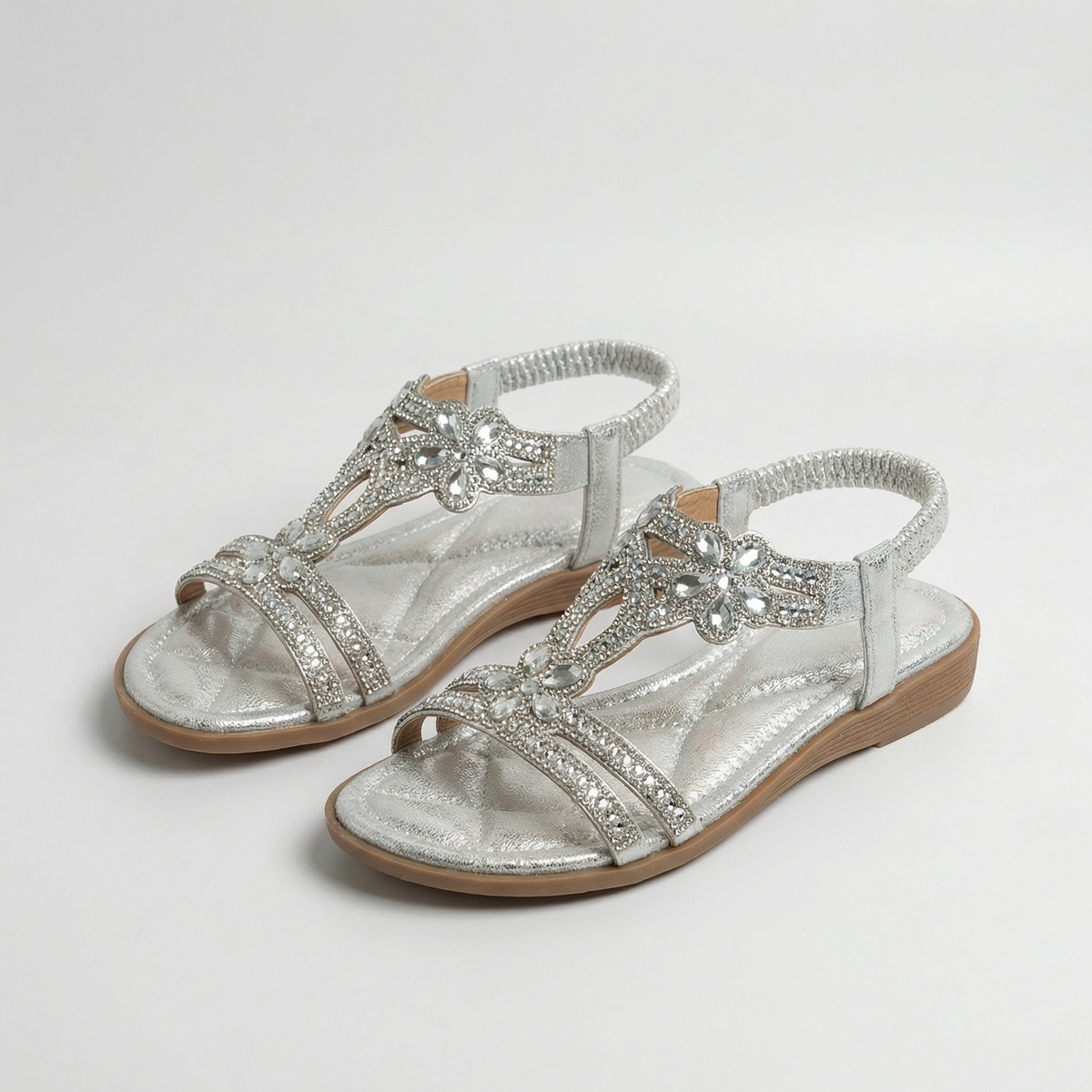 Open Toe Rhinestone Embellished Flat Sandals