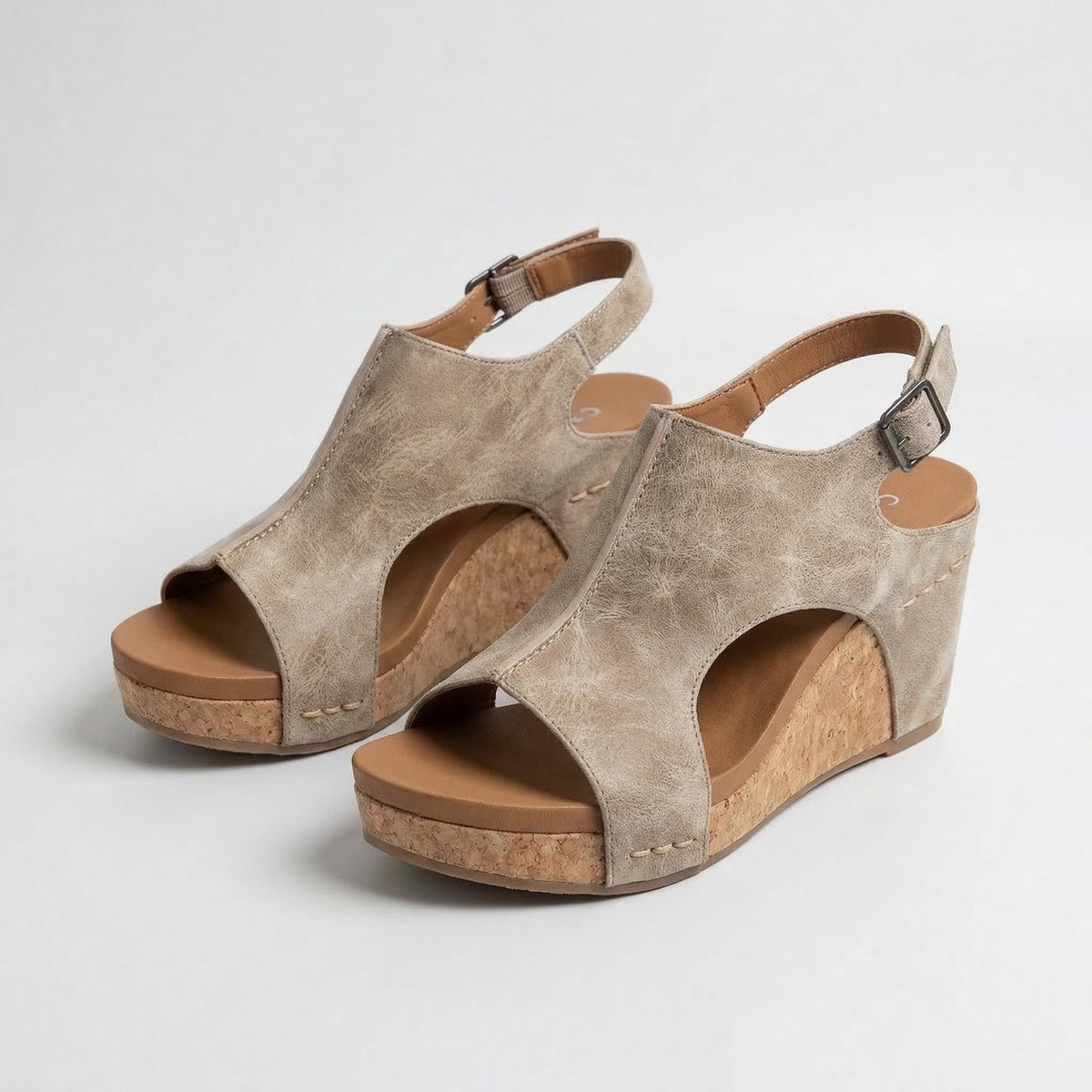 Peep Toe Cut Out Slingback Cork Wedge Sandals