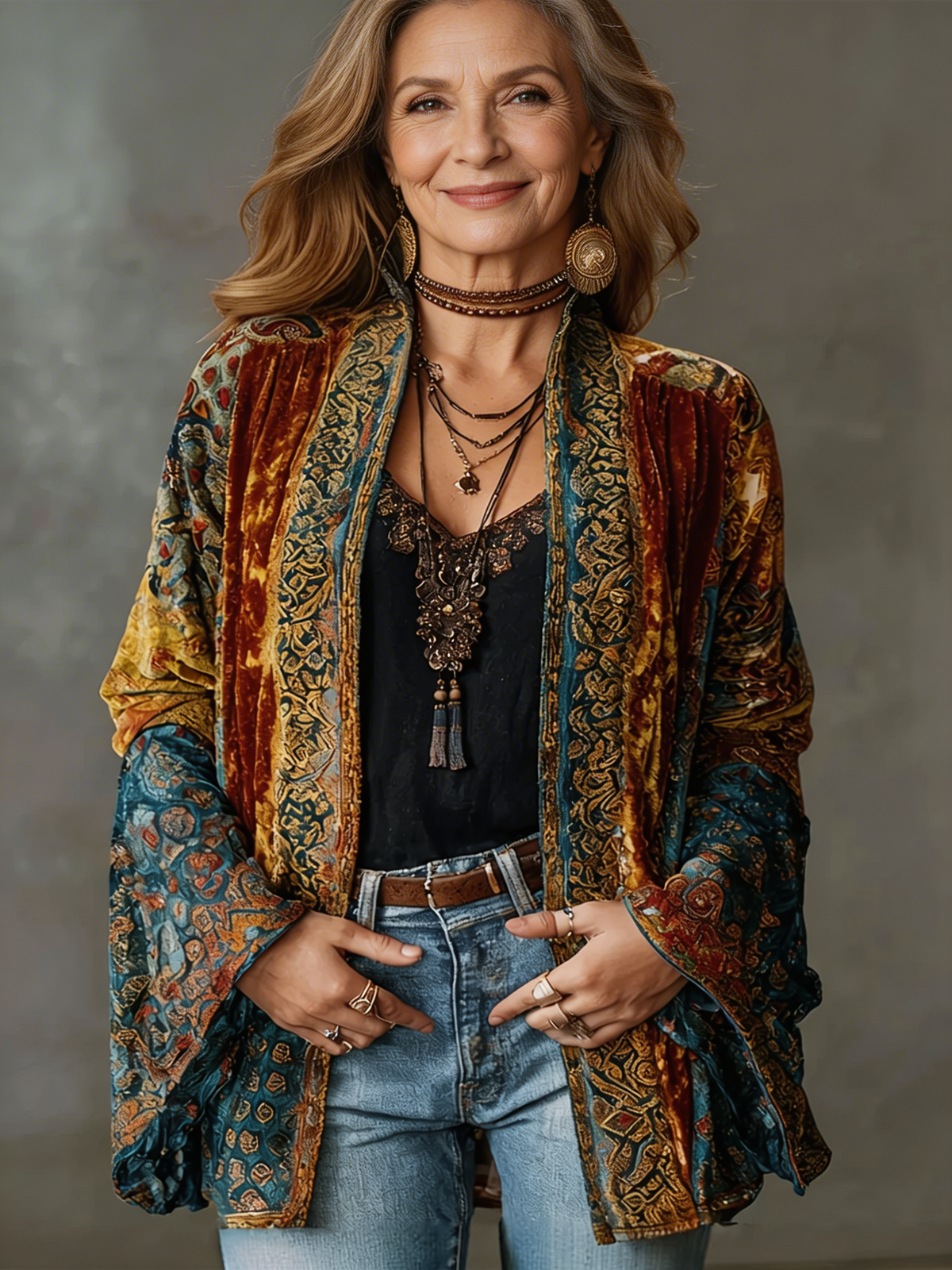 Paisley Velvet Boho Open Front Kimono Cardigan