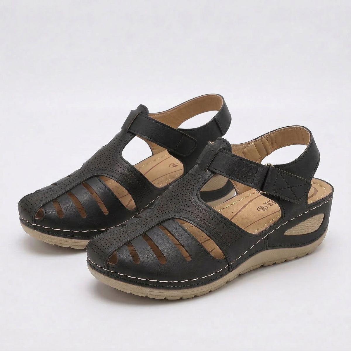 Closed Toe Cut Out Hook and Loop Wedge Sandals