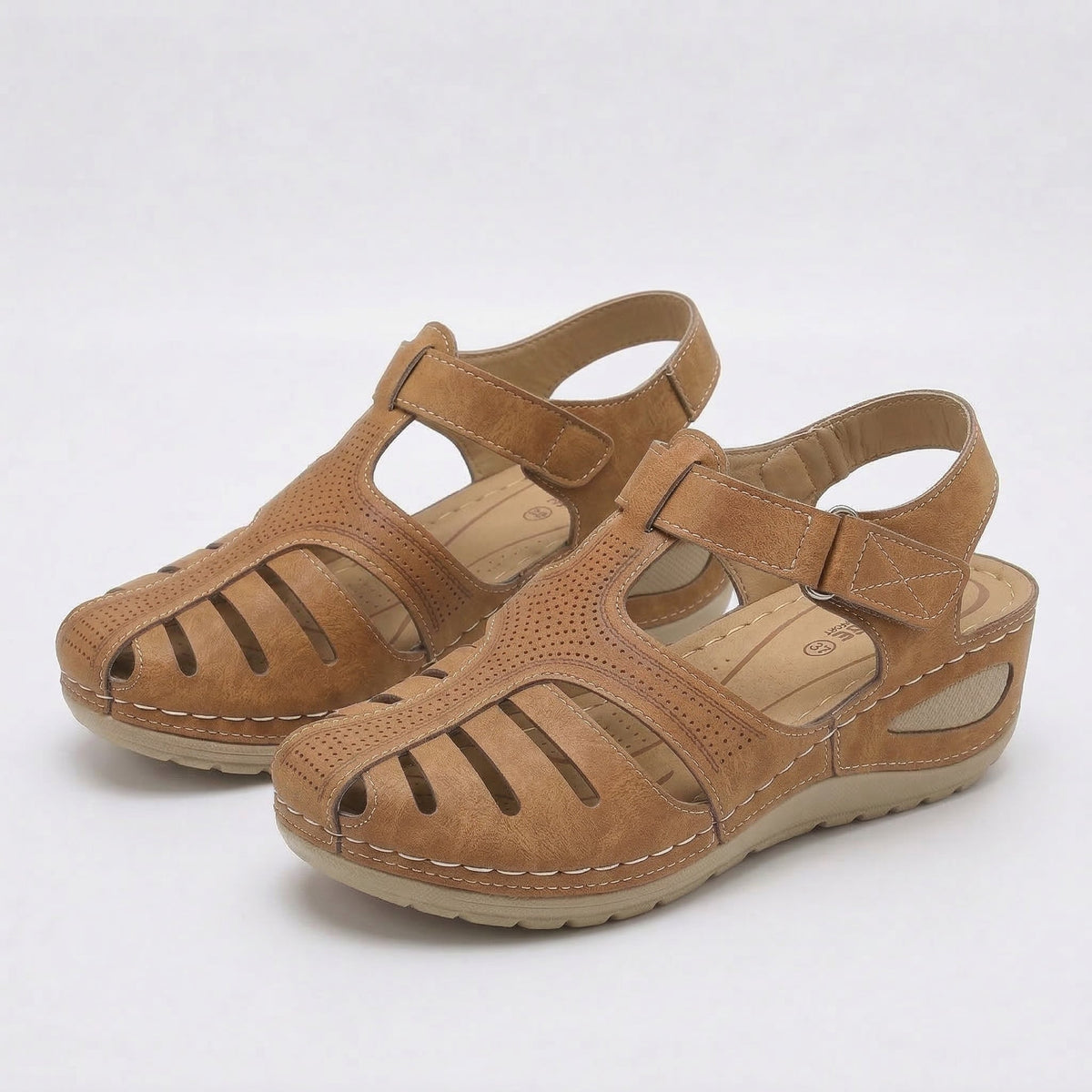 Closed Toe Cut Out Hook and Loop Wedge Sandals