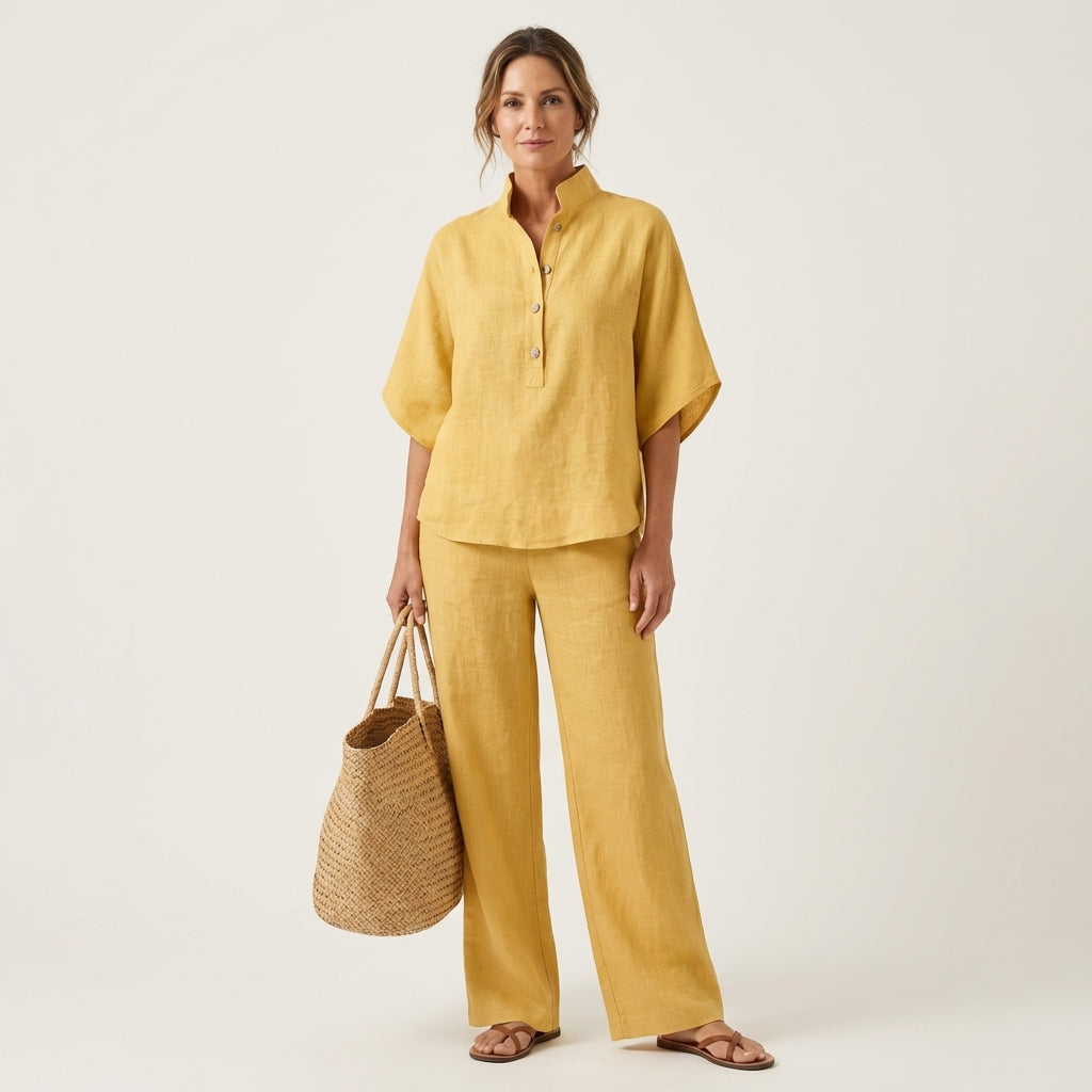 Linen Look Band Collar Button Placket Top and Wide Leg Pants Two Piece Set