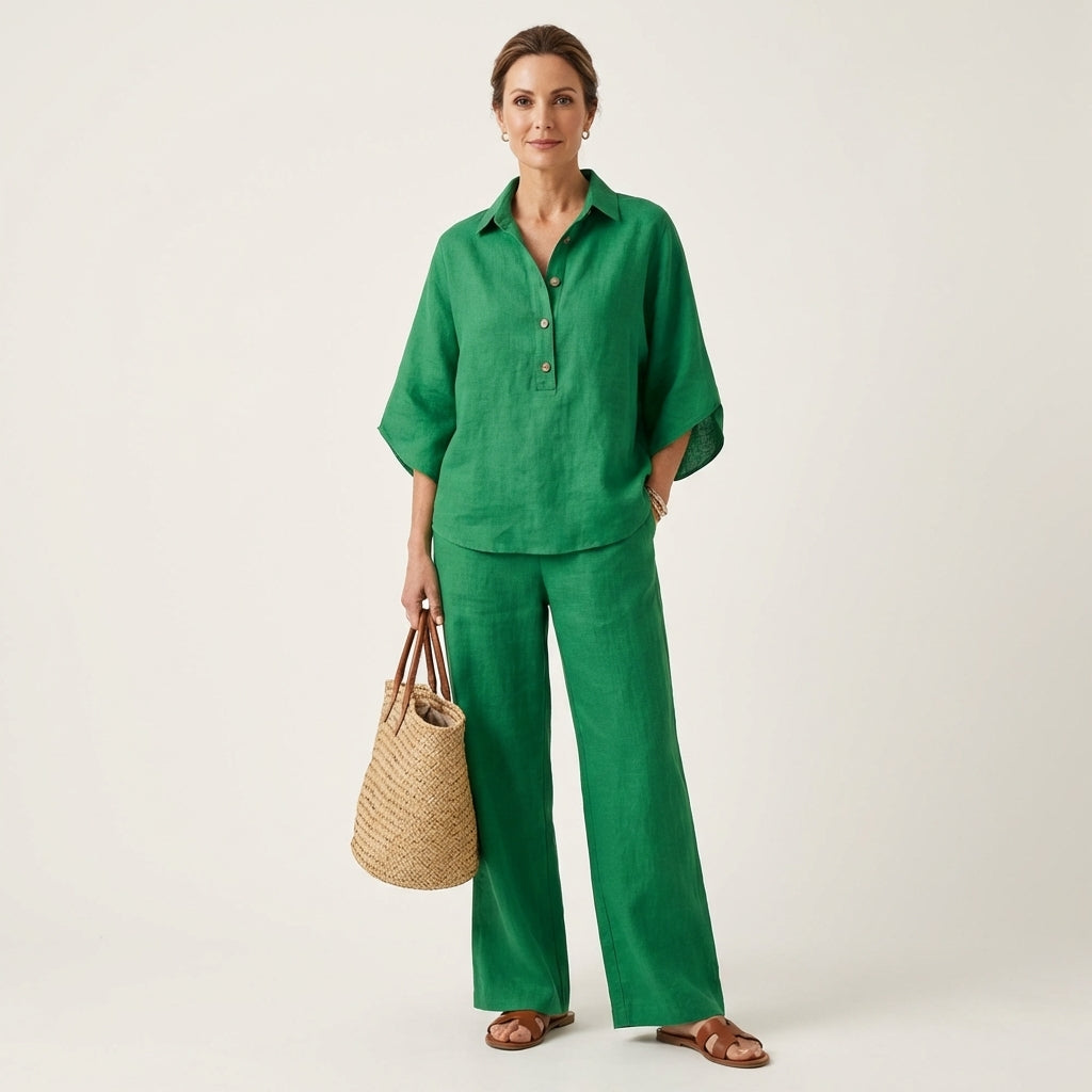 Linen Look Band Collar Button Placket Top and Wide Leg Pants Two Piece Set