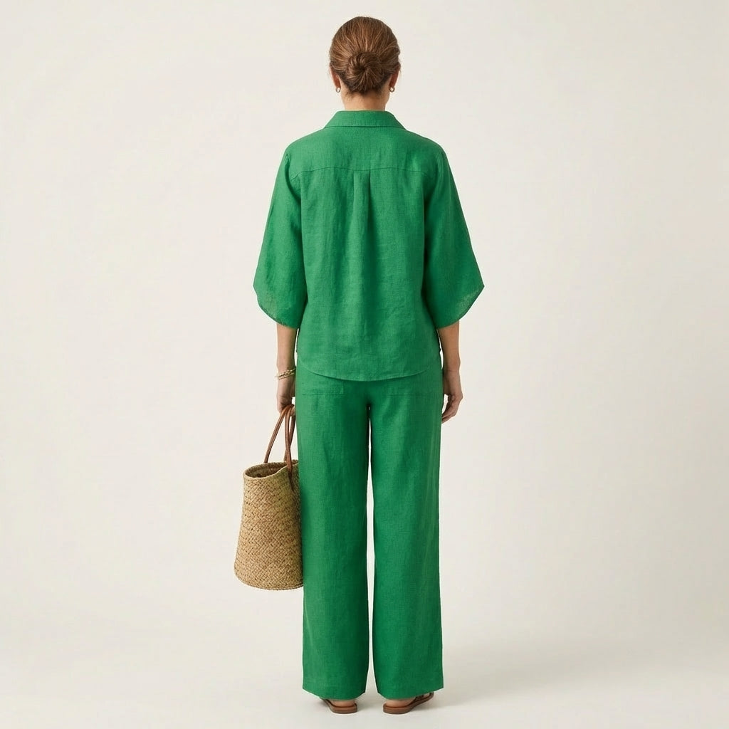 Linen Look Band Collar Button Placket Top and Wide Leg Pants Two Piece Set