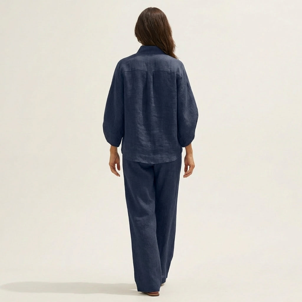 Linen Look Band Collar Button Placket Top and Wide Leg Pants Two Piece Set