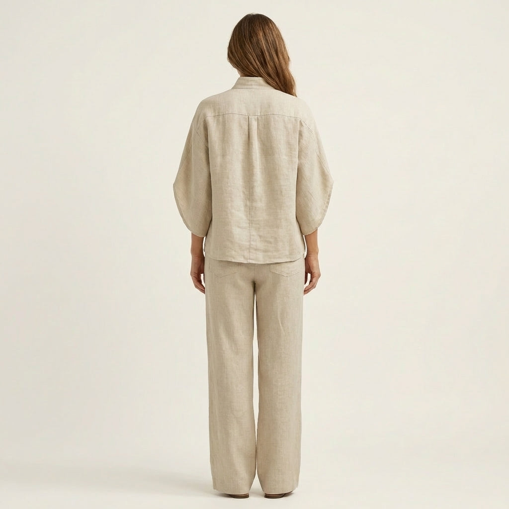 Linen Look Band Collar Button Placket Top and Wide Leg Pants Two Piece Set