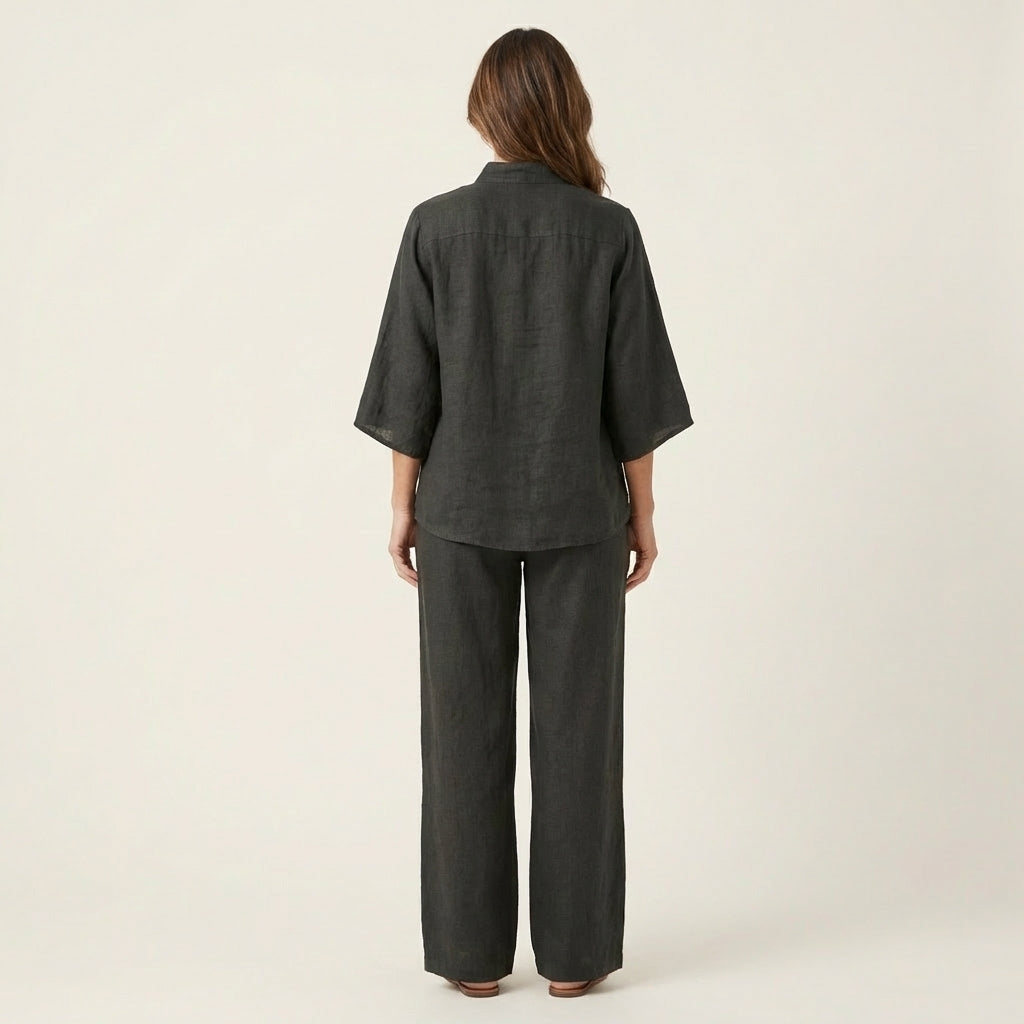 Linen Look Band Collar Button Placket Top and Wide Leg Pants Two Piece Set