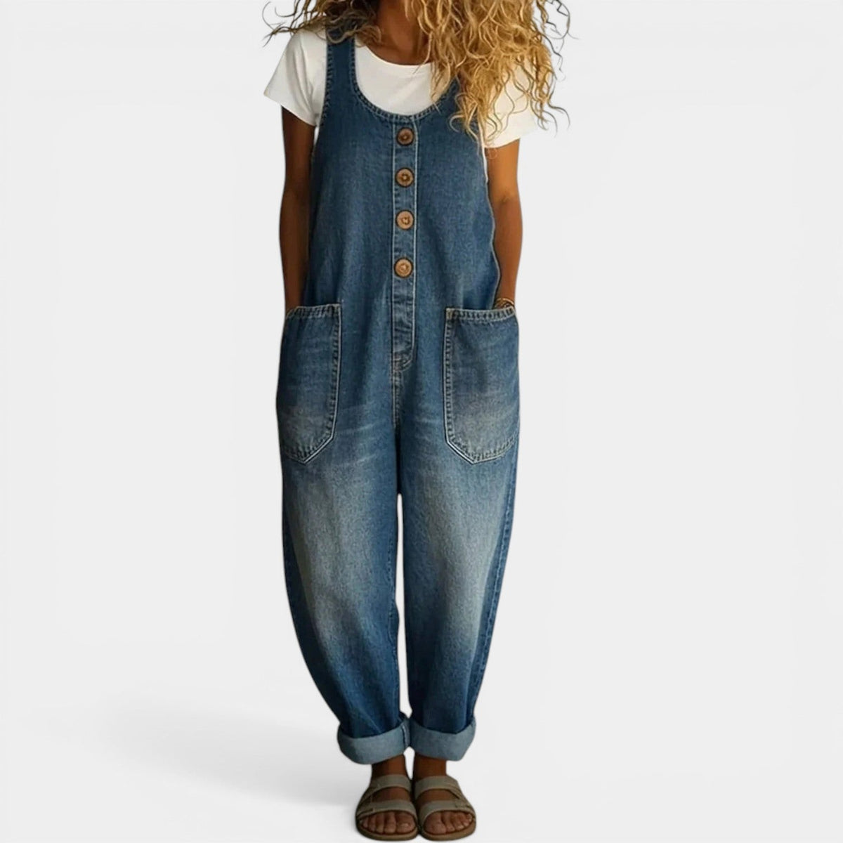 Washed Button Bib Wide Leg Denim Overall Jumpsuit