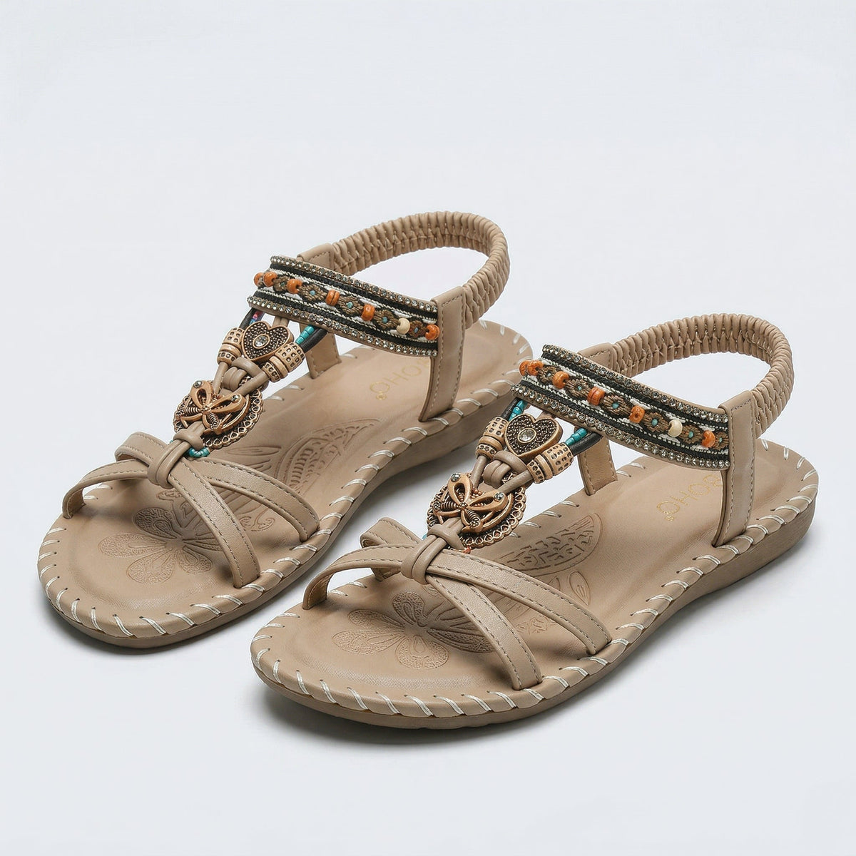 Beaded Boho T-Strap Flat Sandals