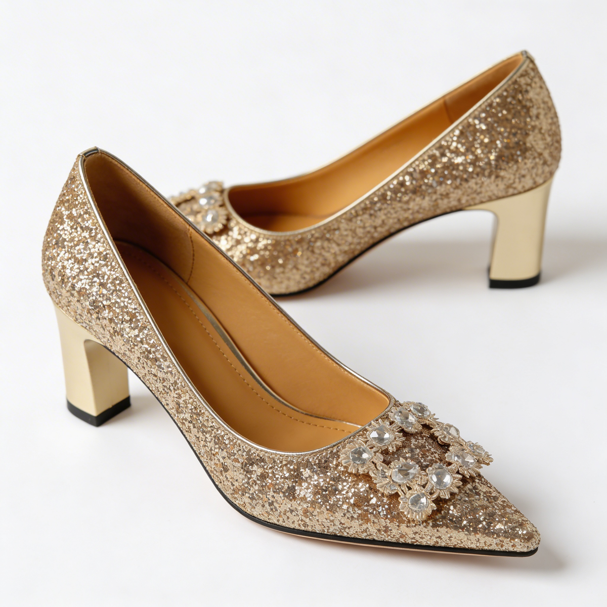 Glitter Crystal Brooch Pointed Toe Block Heel Pumps